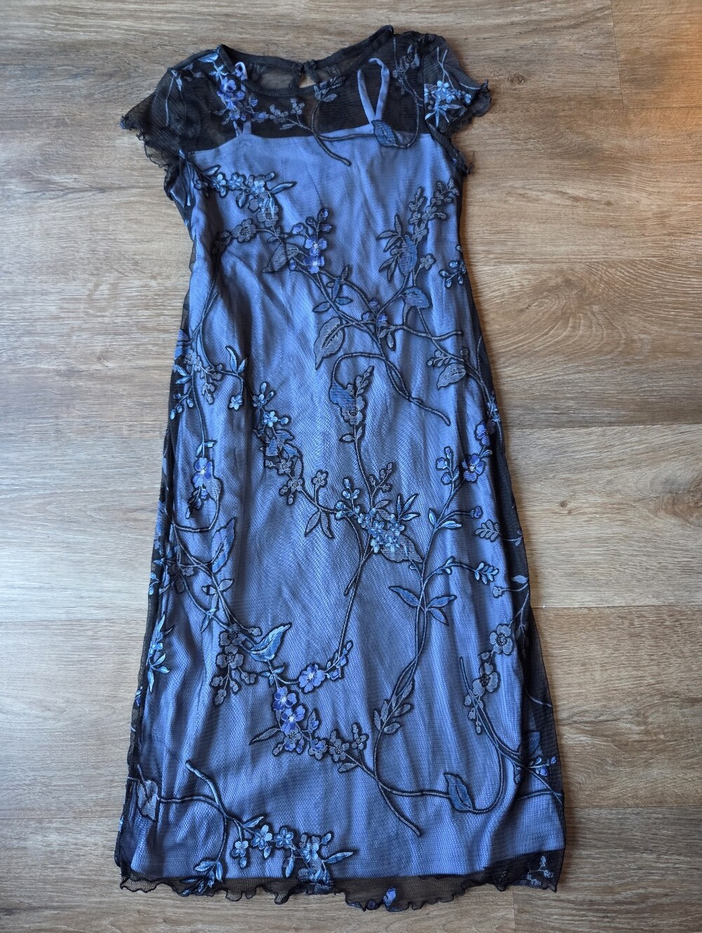 Vintage Y2K Biscotti Collezioni Dress, Semi Sheer Blue Shimmery Floral Appliques